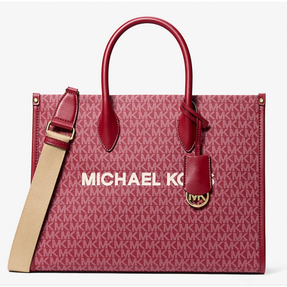 Michael Kors Mirella Medium Cherry Tote with Logo Accent & Gold Hardware